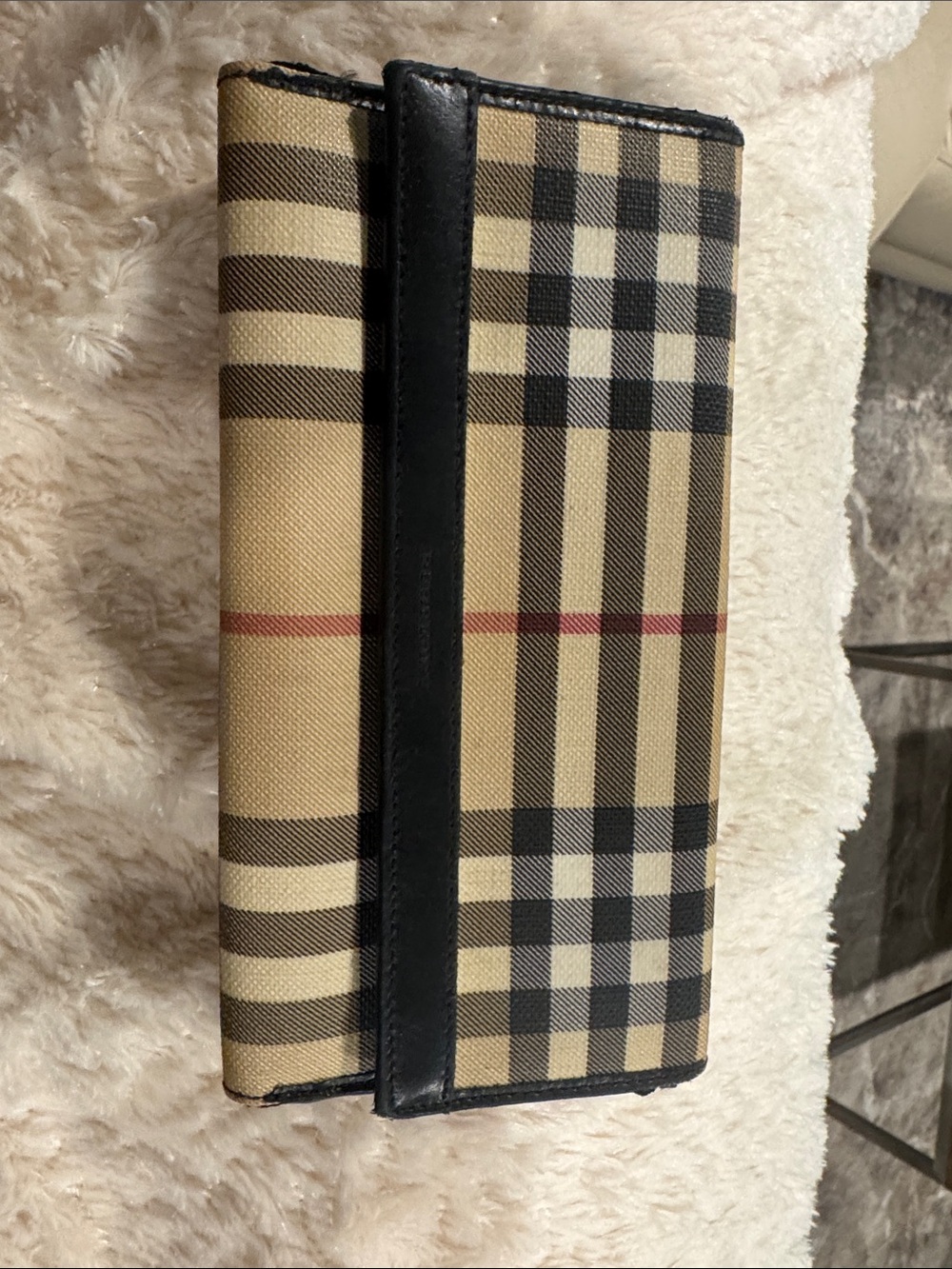 Burberry Beige Nova Check Long Wallet with Black Trim and Red Accent